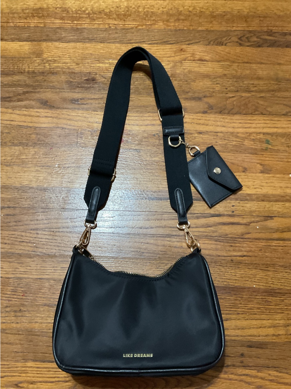 Like Dreams Black Shoulder Bag with Wide Strap and Card Pouch